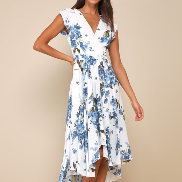 Lulus French Countryside White Floral Print High-low Dress Blue - Size L - Picture 1 of 1